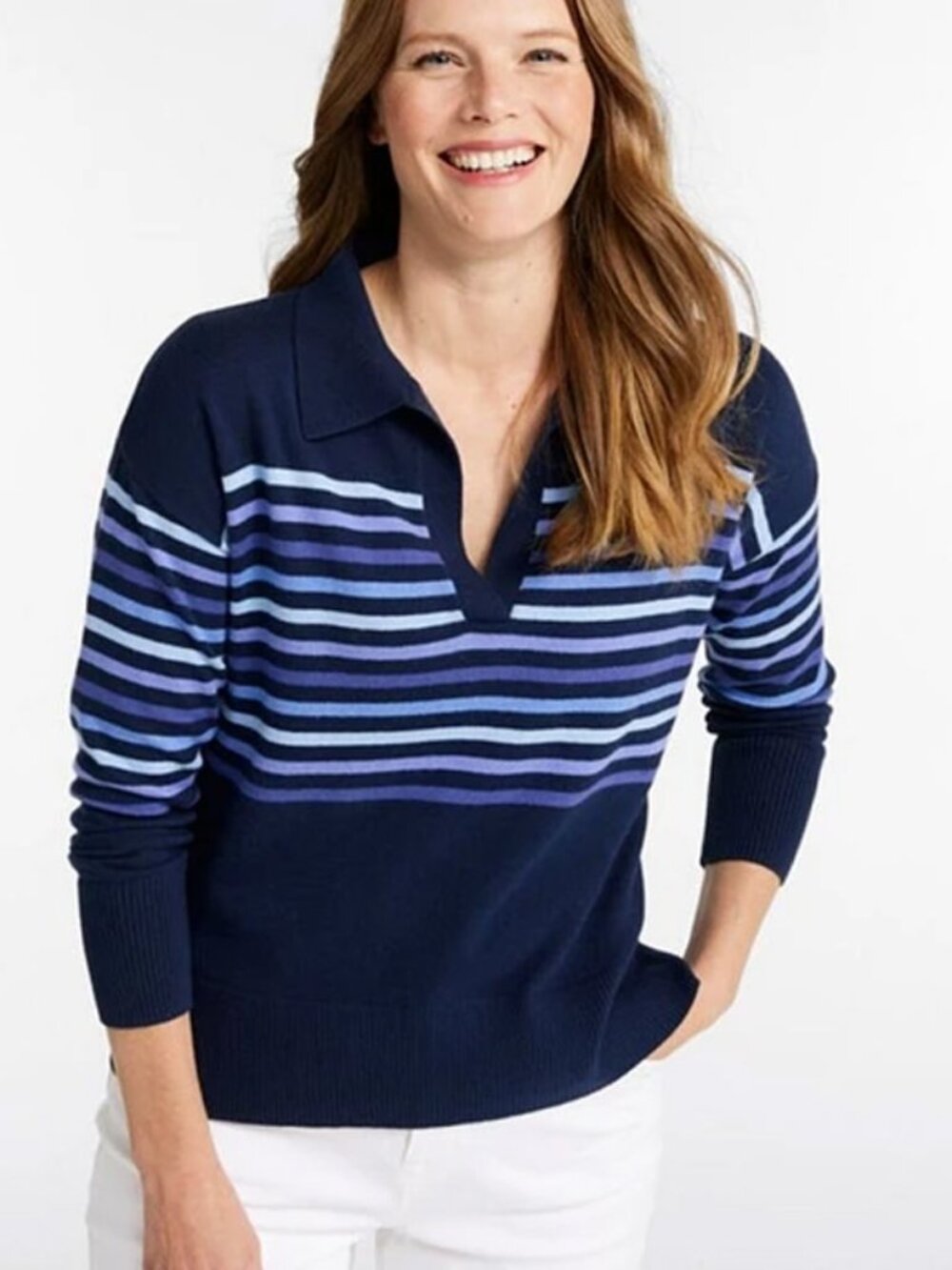L.L. Bean Cotton Cashmere Sweater Polo SP Classic Navy Ombre Stripe Preppy $80